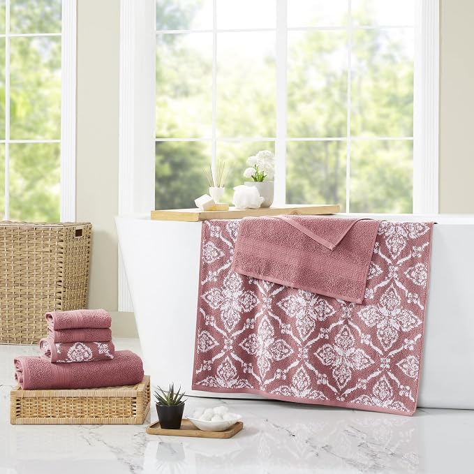 Modern Threads Amaris 6-Piece Reversible Yarn Dyed Jacquard Towel Set - Bath Towels, Hand Towels, & Washcloths - Super Absorbent & Quick Dry - 100% Combed Cotton, Rosewood