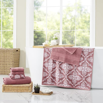 Modern Threads Amaris 6-Piece Reversible Yarn Dyed Jacquard Towel Set - Bath Towels, Hand Towels, & Washcloths - Super Absorbent & Quick Dry - 100% Combed Cotton, Rosewood