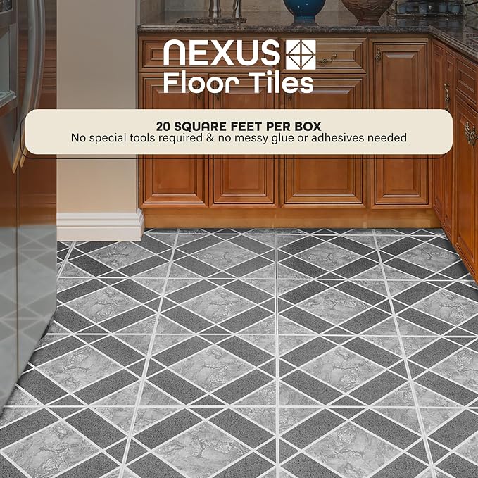 Nexus Self Adhesive 12-Inch Vinyl Floor Tiles, 20 Tiles, 12 x 12 in | Self-Adhesive Backing and Multi-Plank Coverage Pack: Vinyl Planks Combine Durable Surface Detail, Wood-Look Texture, and