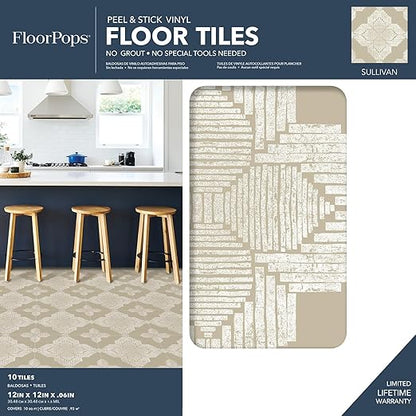 FloorPops Cream Sullivan Peel & Stick Floor Tiles,FP4279,(Pack of 6)