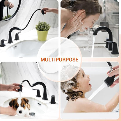 Pull Down Bathroom Faucet Black- Matte Black Sink Faucet with Sprayer, Bathroom Pull Out Faucets, 2-Handles Widespread Vanity Faucets 3 Hole 8 Inch 360 Swivel Spout with Pop-up Drain & Lines