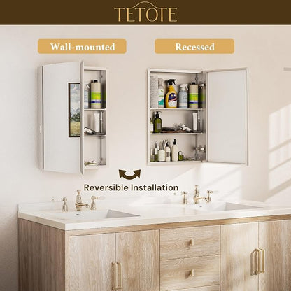 TETOTE 14 x 18 Medicine Cabinet with Tempered Beveled Mirror Silver Aluminum Cabinet DTC Hinges, 2 Stepless Adjustable Shelves, Recessed/Surface-Mounted