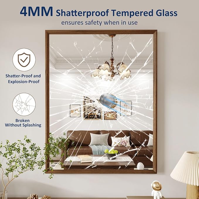 WEER Walnut Bathroom Mirror 28X36 Inch Rectangle | Walnut Wood Grain Framed, Tempered Glass, Anti-Rust, Wall Mounted, Hangs Vertically or Horizontally