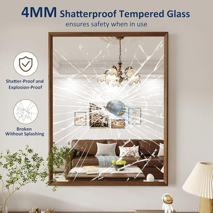 WEER Walnut Bathroom Mirror 28X36 Inch Rectangle | Walnut Wood Grain Framed, Tempered Glass, Anti-Rust, Wall Mounted, Hangs Vertically or Horizontally