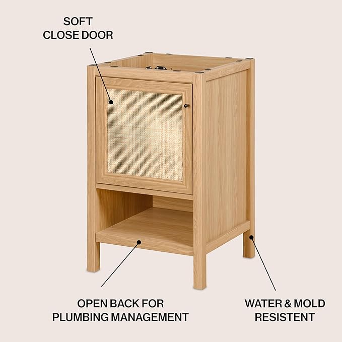 JONATHAN Y VAN1022A Jasper 20 in. W x 18 in. D x 33 in. H Rattan Modern Coastal 2-Shelf Bathroom Vanity Cabinet Only with Soft Closing Doors (Sink Basin Not Included), Oak