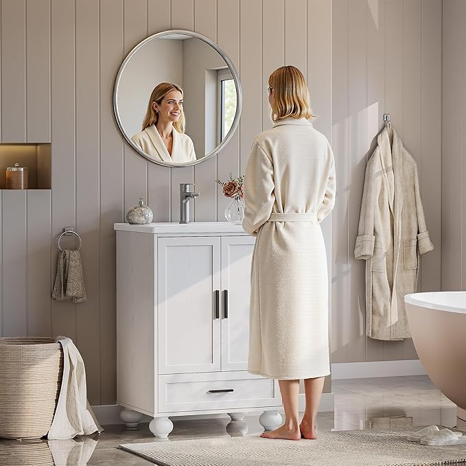 LIKIMIO 24" Bathroom Vanity with Ceramic Sink, 2 Doors 1 Drawer, Solid Wood Legs, Quick Assembly, Small Bathroom Storage, White Freestanding Bathroom Cabinet