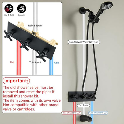 3 Handle Shower Faucet Set, Matte Black 3 Handle Tub and Shower Faucet Combo Bathtub Shower Faucets Completes
