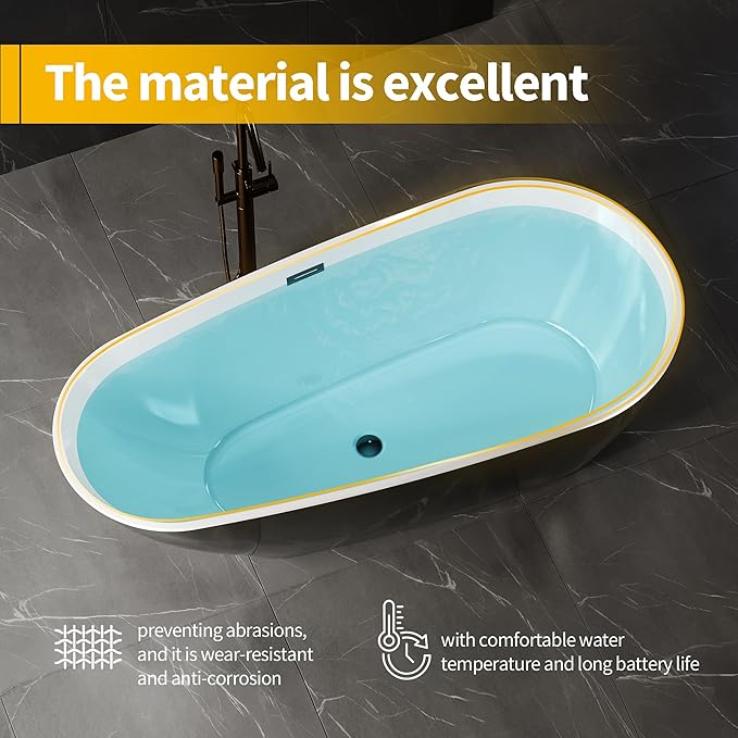 59 Inch Freestanding Bathtub, Acrylic Deep Soaking Tub, Chrome Overflow and Drain, Non-Slip Standalone Bath Tub for Bathroom, cUPC Certified, Ergonomic Modern Bath for Bathrooms