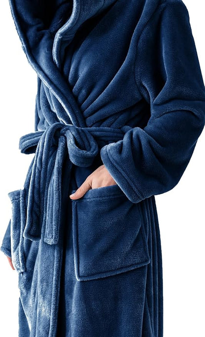 Robes for Women - Hooded Plush Fleece Bathrobe with Sash & Pockets, Full-Length Lightweight Spa Robe