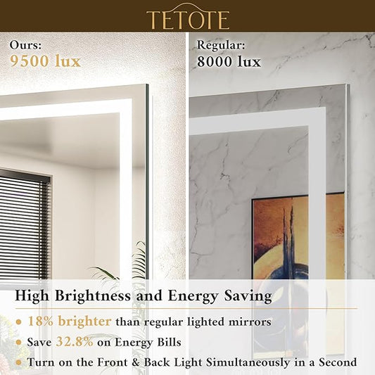 TETOTE LED Lighted Bathroom Mirror with Lights 42 x 36 Brighter Front and Backlit Light up Mirror for Bathroom Wall, Illuminated Vanity Anti Fog Mirror, 3-Color Stepless Dimmable, Tempered Glass