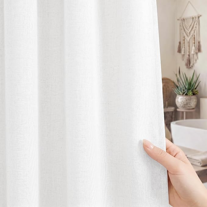 Seasonwood White Linen Shower Curtain Farmhouse Bathroom Decor 72x84 Inches | Boho Bathroom Decor,12 Sturdy Stainless Steel Sliding Hangers,Rustic Country Style,Linen Shower Curtains for Bathroom