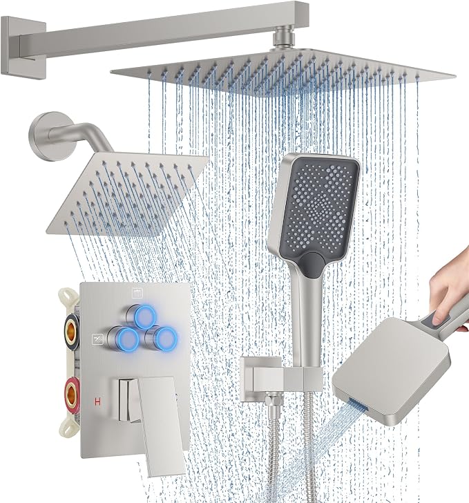 Woindo Shower Faucet Set, 10" Wall Mount Rainfall Shower System with 2 Rain Shower Head and Multi-function Handheld Head Push Button Diverter Shower Faucet Trim Kit
