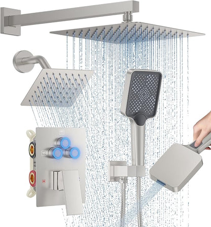 Woindo Shower Faucet Set, 10" Wall Mount Rainfall Shower System with 2 Rain Shower Head and Multi-function Handheld Head Push Button Diverter Shower Faucet Trim Kit