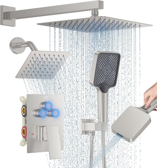 Woindo Shower Faucet Set, 10" Wall Mount Rainfall Shower System with 2 Rain Shower Head and Multi-function Handheld Head Push Button Diverter Shower Faucet Trim Kit