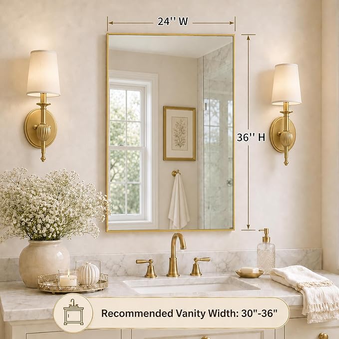 36"x24" Brushed Gold Framed Rectangle Bathroom Vanity Wall Mirror | Over-Sink Vanity Mirror, Slim Metal Frame, Entryway or Dresser Use, Vertical/Horizontal Mount, Tempered Glass