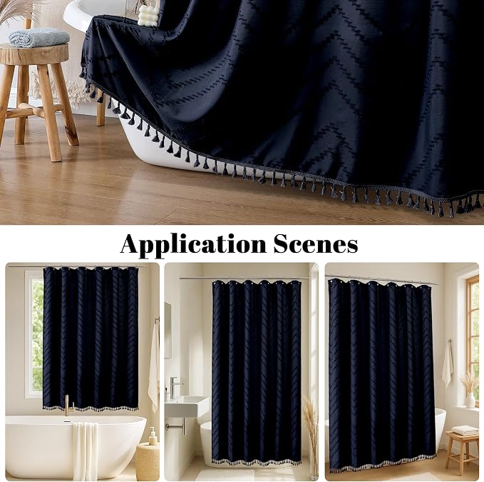 Extra Long Navy Blue Boho Shower Curtain, Chic Tufted Chevron Striped Textured Cloth Fabric Shower Curtains with Tassel for Bathroom, Soft Hotel Style Farmhouse, Machine Washable, 72x96