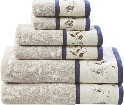 Madison Park Serene 100% Cotton Bath Towel Set Luxurious Floral Decorative Towels for Bathroom Embroidered Cotton Jacquard Design Soft Highly Absorbent for Shower 600 GSM, Multi-Sizes, Navy 6 Piece | Luxurious Floral Decorative Towels for Bathroom, Emb...