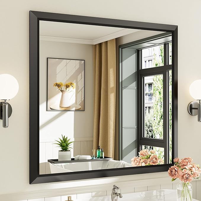40.1x38.1 Inch Black Bathroom Mirror for Wall, Thick Metal Framed Rectangle Mirrors for Over Sink, Bedroom, Living Room, Entryway, Anti-Rust, HD Tempered Glass