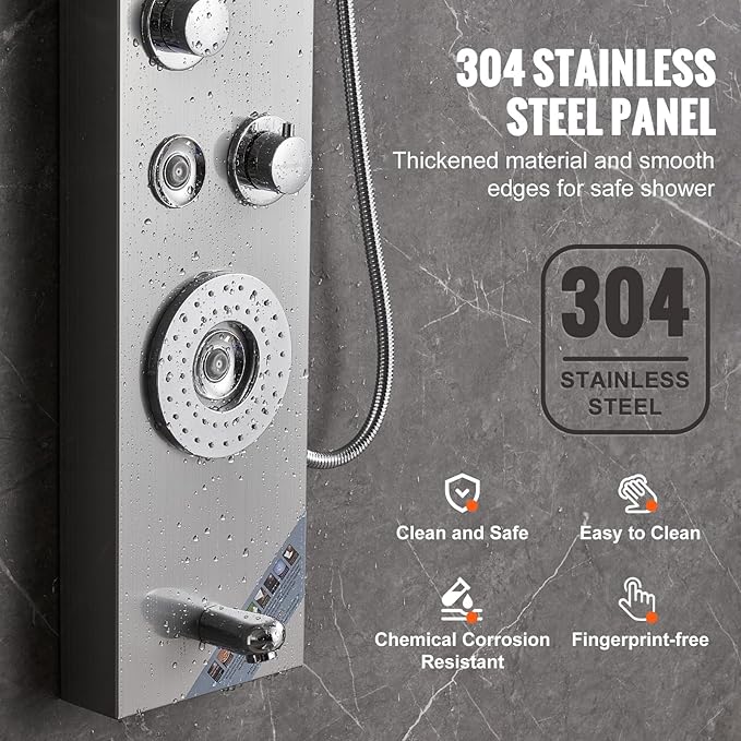 VEVOR Shower Panel Tower System, 6 Shower Modes, LED & Display Shower Panel, Rainfall, Waterfall, 4 Body Massage Jets, Tub Spout, Handheld Shower Head 59" Hose, Stainless Steel Wall-Mounted Shower Set