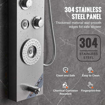 VEVOR Shower Panel Tower System, 6 Shower Modes, LED & Display Shower Panel, Rainfall, Waterfall, 4 Body Massage Jets, Tub Spout, Handheld Shower Head 59" Hose, Stainless Steel Wall-Mounted Shower Set