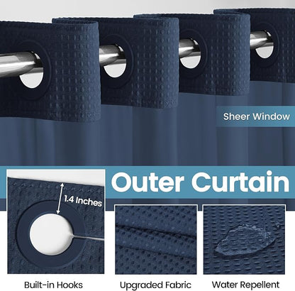 EUTXL Heavyweight Navy Blue Stall No Hook Shower Curtain with Snap in Liner,256GSM Waffle Weave Shower Curtains for Bathroom,54W x 80H