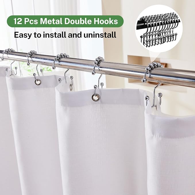 3 in 1 Shower Curtain Set, 72x84 White Shower Curtain and Liner Set with 12 Double Sided Shower Curtain Hooks, Cloth Shower Curtains for Bathroom,Waterproof