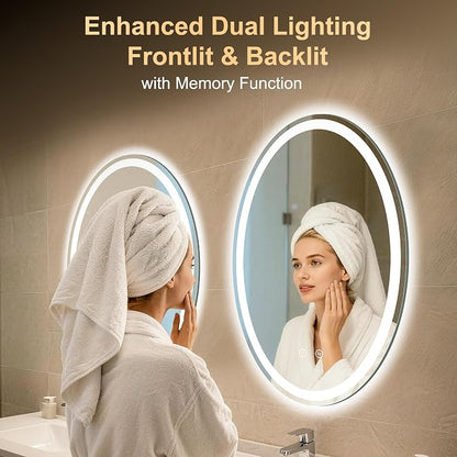 Oval LED Mirror for Bathroom,24x36 Lighted Vanity Mirror with Lights | Smart Anti-Fog, Dimmable 3 Color Modes, Backlit+Frontlit, Memory Function, HD Tempered Glass,Touch Sensor,Horizontal/Vertical