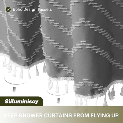 Siiluminisoy Extra Long Grey Boho Shower Curtain with Tassel, Woven Fabric 84 in Shower Curtain, Tufted Chevron Striped, 72 x 84, Modern Chic Textured Minimalist Bathroom Shower