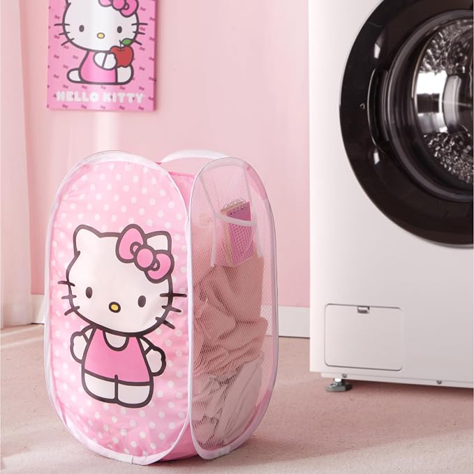 Idea Nuova Sanrio Hello Kitty Pop-Up Hamper,Collapsible Laundry Basket with Durable Handles,Lightweight Storage Bin for Kids' Bedroom, Nursery, or Playroom,Pink