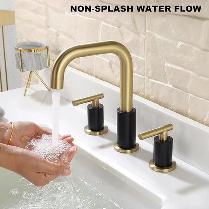 ChiLDano 8 inch Widespread Bathroom Faucet with Drain and Supply Hose | Black and Gold Bathroom Faucet for Sink 3 Hole , 2 Handle Bathroom Sink Faucet CH3166BGB