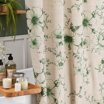Vintage Green Floral Shower Curtain with 12 Clear Rings - 72" W x 72" L | Farmhouse Fabric Faux Linen Shower Curtain Set, French Country Cottagecore Style Shower Curtain for Bathroom