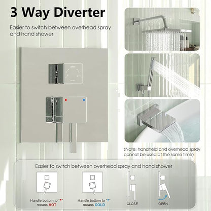 Esnbia Bathtub Shower Faucet Set, Rain Shower System with Tub Spout, 10 Inches Shower Heads with Handheld Spray Combo, Wall Mounted Shower Fixtures with Shower Valve kit, Chrome