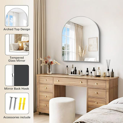 Arched Bathroom Mirror 30x36 Inch, Bathroom Mirror for Over Sink, Wall Mounted Vanity Mirror with Aluminum Frame & Tempered Glass, Ideal for Bedroom, Entryway, Living Room, Mantel, Silver