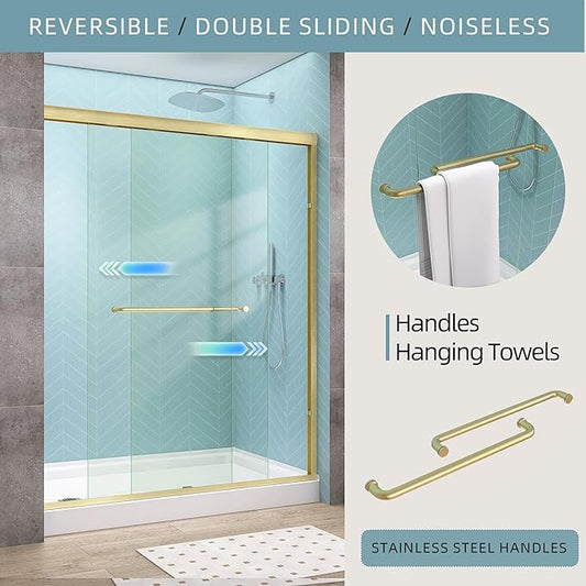 GETPRO Sliding Shower Door 50-54 in. W x 72 in. H Semi-Frameless Bypasss Double Sliding Glass Shower Enclosure,1/4 inch Clear Tempered Glass Door for Walk-in Shower Brushed Gold