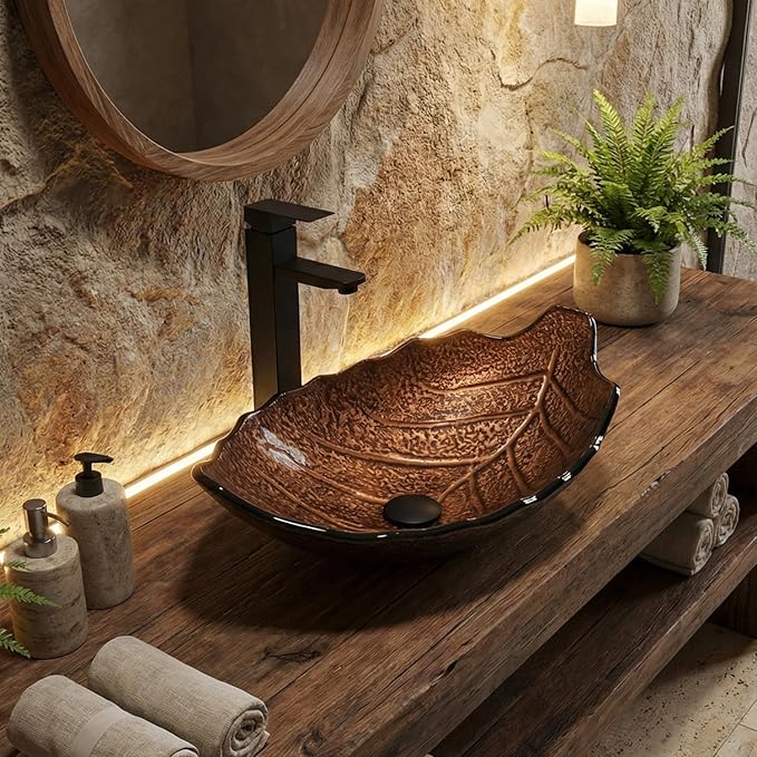 Bathroom Leaf Shape Artistic Glass Vessel Sink Free Black Faucet and Pop-up Drain Set, Brown