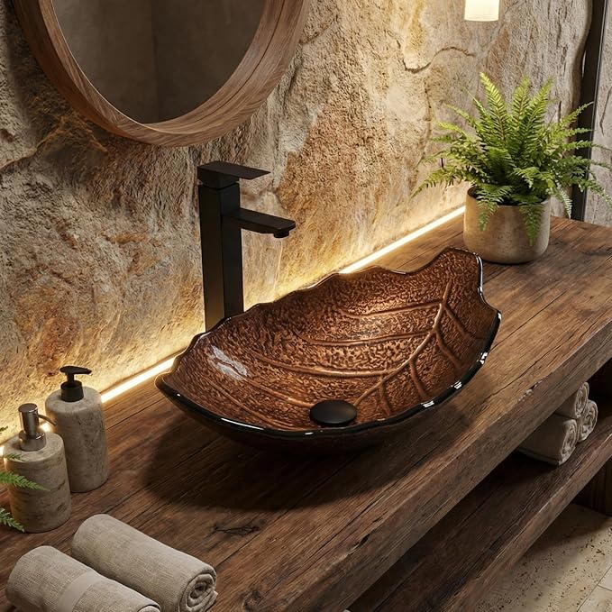 48" Barn Door Bathroom Vanity with 6 Drawers, Farmhouse Style Standing Pedestal Cabinet with Two Brown Leaf Vessel Sinks