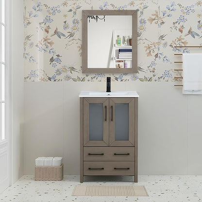 HOMEBEYOND 24 Inch Modern Bathroom Vanity with Sink & Mirror, Single Vanity Cabinet with Basin and Mirror, Dove-Tailed Drawers, Soft-Closing Doors, Wood, Driftwood Gray