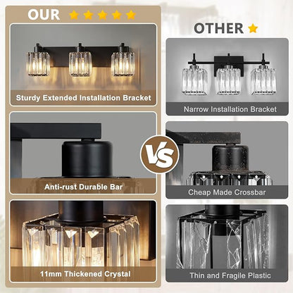 Modern Bathroom Vanity Light, 3-Light K9 Crystal Bathroom Lighting Fixtures Over Mirror, Black Vanity Light with Square Shade