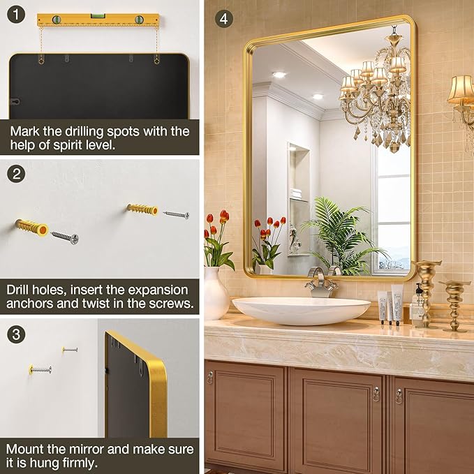 Brightify Gold Bathroom Mirror for Wall, 22x30 Inch Rectangular Gold Metal Framed Mirror, Modern Wall Mounted Vanity Mirror for Bathroom, Vertical or Horizontal