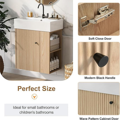 Merax 20 Inch Bathroom Vanity, Floating Sink Vanity Combo, Modern Wall Mount Bathroom Cabinet with Ceramic Integrated Sink for Small Space,Natural