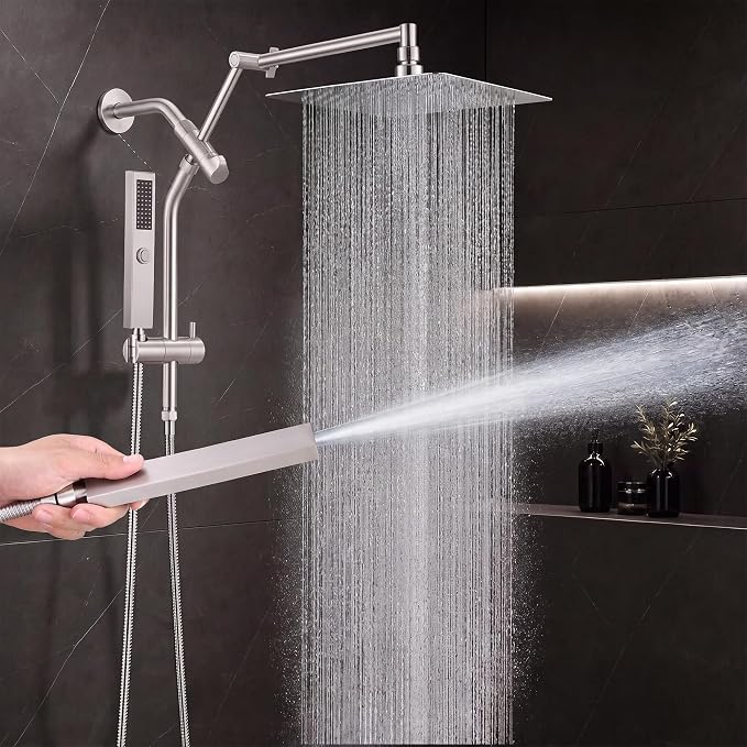 All Metal 10" Shower Head with Handheld, Built-in Power Jet Mode | Luxurious, Square, Rain Shower Heads with Spray Combo Set, High Pressure, Dual, Rainfall, with Extension Arm, Brushed Nickel
