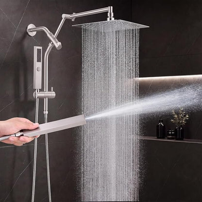 All Metal 10" Shower Head with Handheld, Built-in Power Jet Mode | Luxurious, Square, Rain Shower Heads with Spray Combo Set, High Pressure, Dual, Rainfall, with Extension Arm, Brushed Nickel