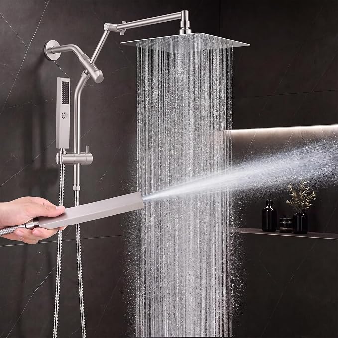 All Metal 12" Shower Head with Handheld, Built-in Power Jet Mode | Luxurious, Square, Rain Shower Heads with Spray Combo Set, High Pressure, Dual, Rainfall, with Extension Arm, Brushed Nickel