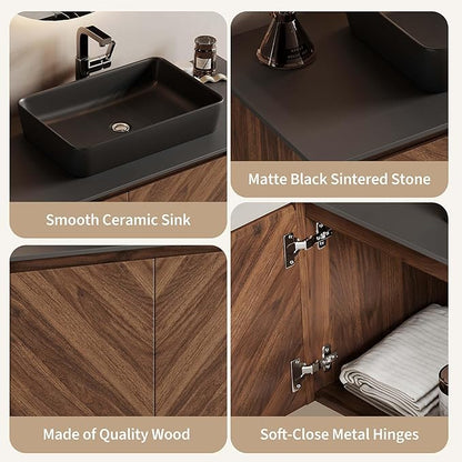 36 Inch Floating Vanity Bathroom with Single Sink, Wall-Mounted Floating Bathroom Cabinet with Sintered Stone Countertop & Black Ceramic Basin, Ample Storage and Open Shelves, Dark Wood