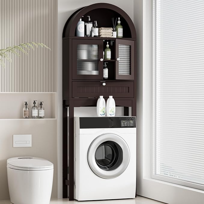 Spurgehom Over The Toilet Storage Cabinet with Glass Door (Coffee) | Freestanding Bathroom Shelf Equipped with Anti-Tipping Device, Space-Saving Vertical Toiletries Storage Cabinet