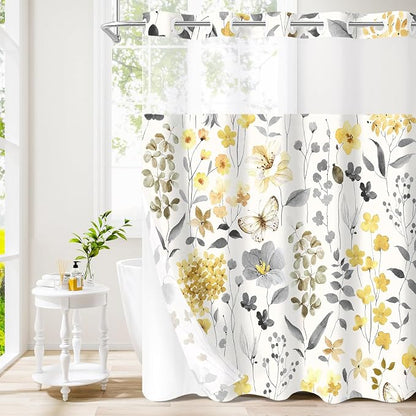 No Hook Yellow Watercolor Floral Shower Curtain and Liner Set, 72x86 | Spring Flower Shower Curtains with Snap-in Liner for Farmhouse Bathroom Decor, Botanical Bathroom Curtain with Leaves