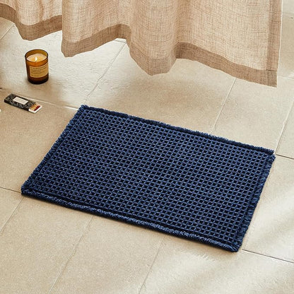 TYUU Waffle Bath Mat, Small Boho Bathroom Rugs Non Slip 24x16 Navy Blue | Super Absorbent Quick Dry Bath Rug, Non-Slip Backing, Soft Waffle Washable Farmhouse Bathroom Mats, Tub, Shower & Home Decor
