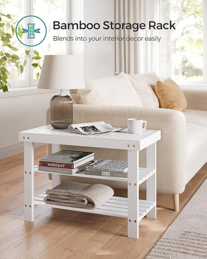 SONGMICS Shoe Rack Bench, 3-Tier Bamboo Shoe Storage Organizer, Entryway Bench, Holds Up to 286 lb, 11.3 x 27.6 x 17.8 Inches, for Entryway Bathroom Bedroom, Cloud White ULBS004W01