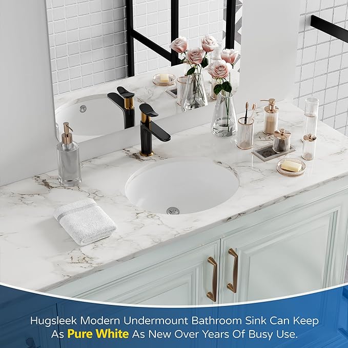 Undermount Bathroom Sink Oval, Hugsleek Interior Bowl Size 16 x 13 inch White Porcelain Ceramic Vessel Sink Under Counter Oval Exterior size 18x15in Bath Sink Bowl Basin Lavatory Vanity Fireclay