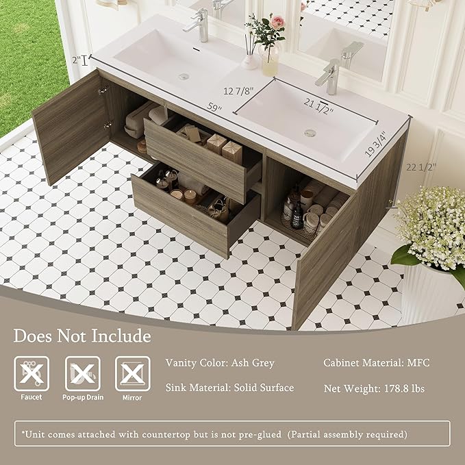 Floating Bathroom Vanity with Double Sinks, 60" Wall-Mounted Bathroom Storage Vanity Cabinet with Resin Top Basin and Soft Close Drawers, No Assembly Required, Ash Grey